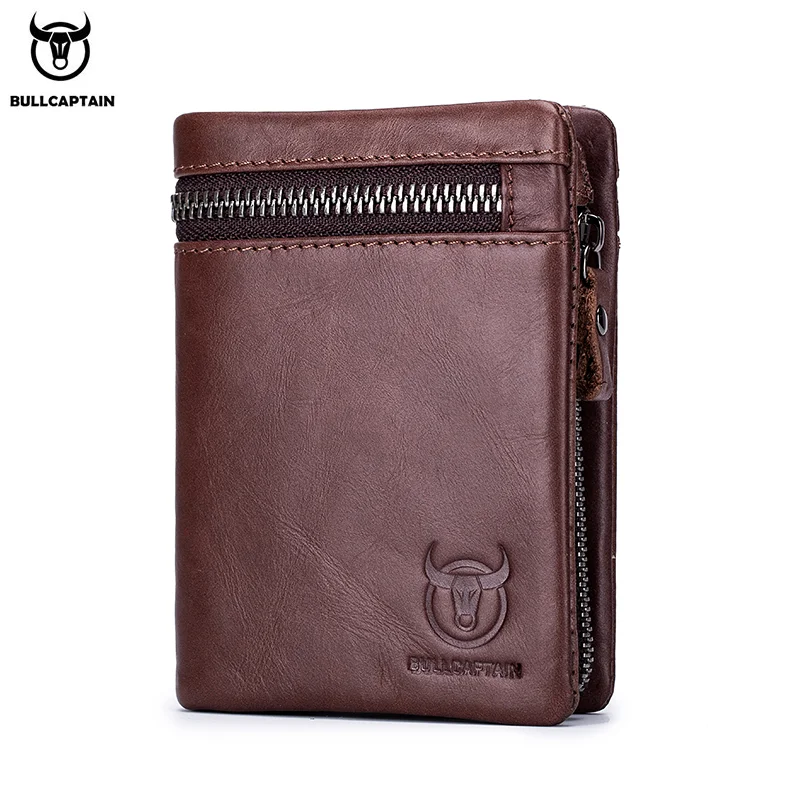 BULLCAPTAIN-cartera corta de cuero de vaca para hombre, billetera con cremallera y hebilla triple, monedero, tarjetero RFID