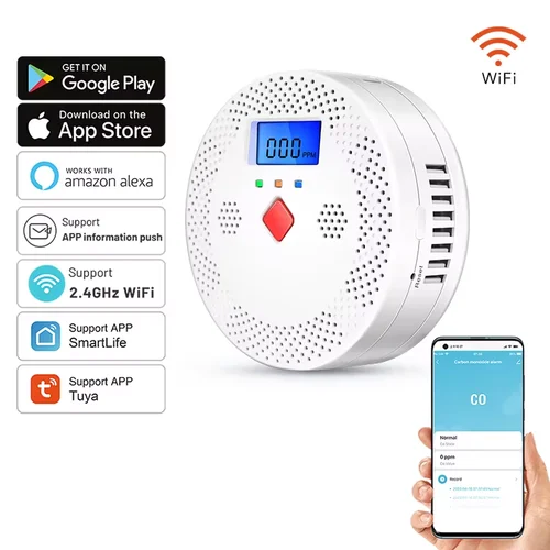 Imagen 1 del producto Tuya-Detector inteligente de monóxido de carbono para interiores, alarma de sonido de 85dB, pantalla Digital LCD, sirena de intoxicación por CO, WiFi