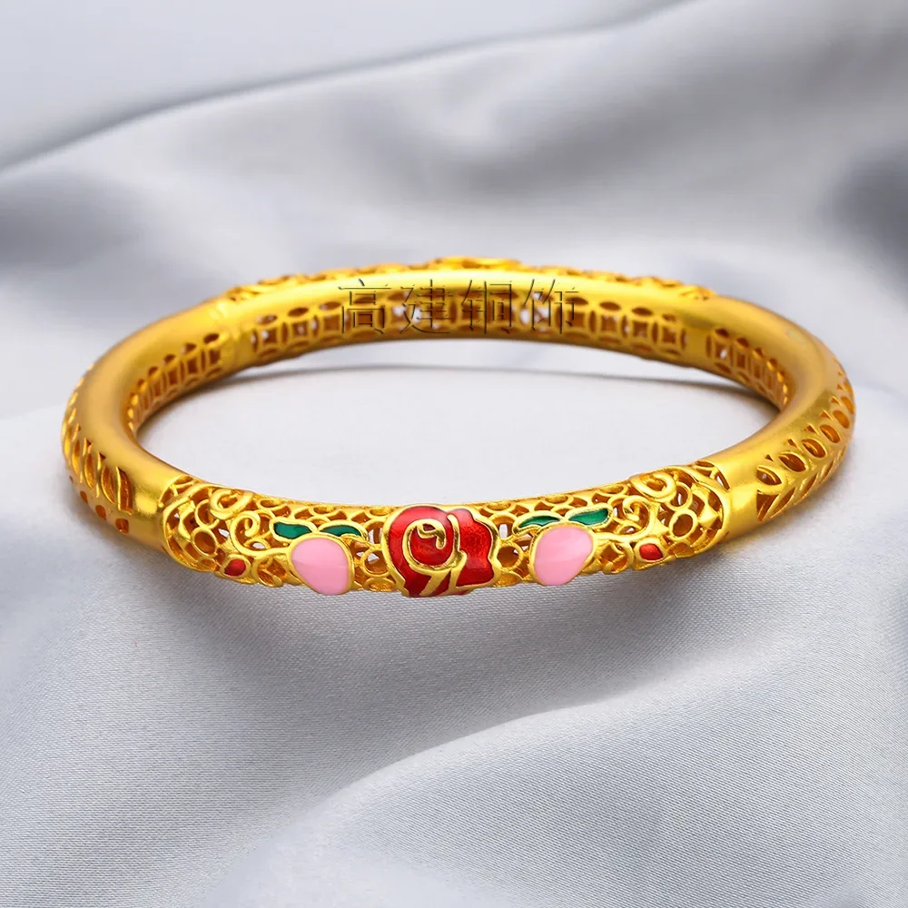 Fine gold AU999 bracelet enamel hollow lotus 24k real gold ethnic style trend wrist chain female hand jewelry