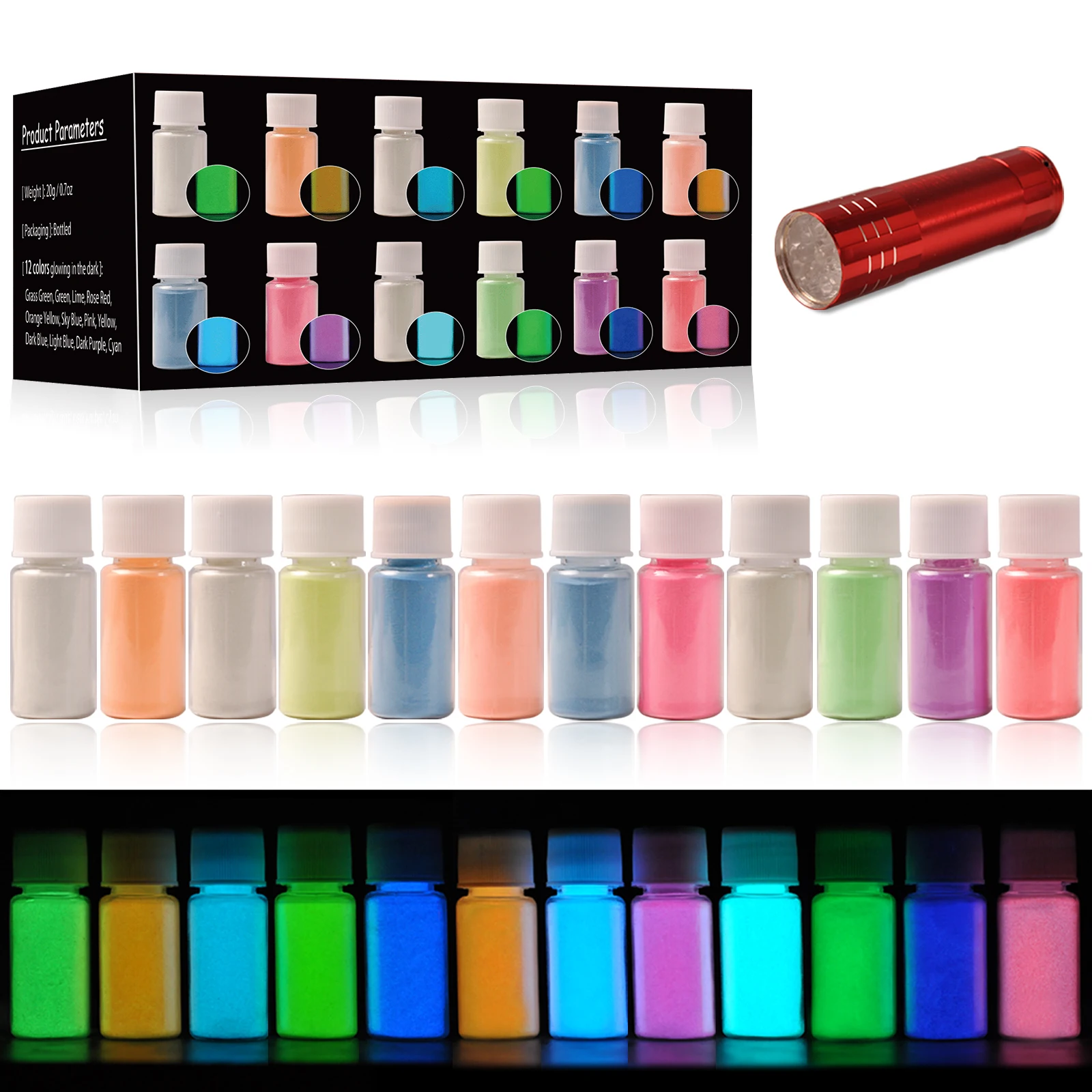 

20g 12 Colors Glowing Luminescent Powder Phosphor Powder DIY Nail Enamel Powder Glow Powder,Nail Glitter Decoration Pigment