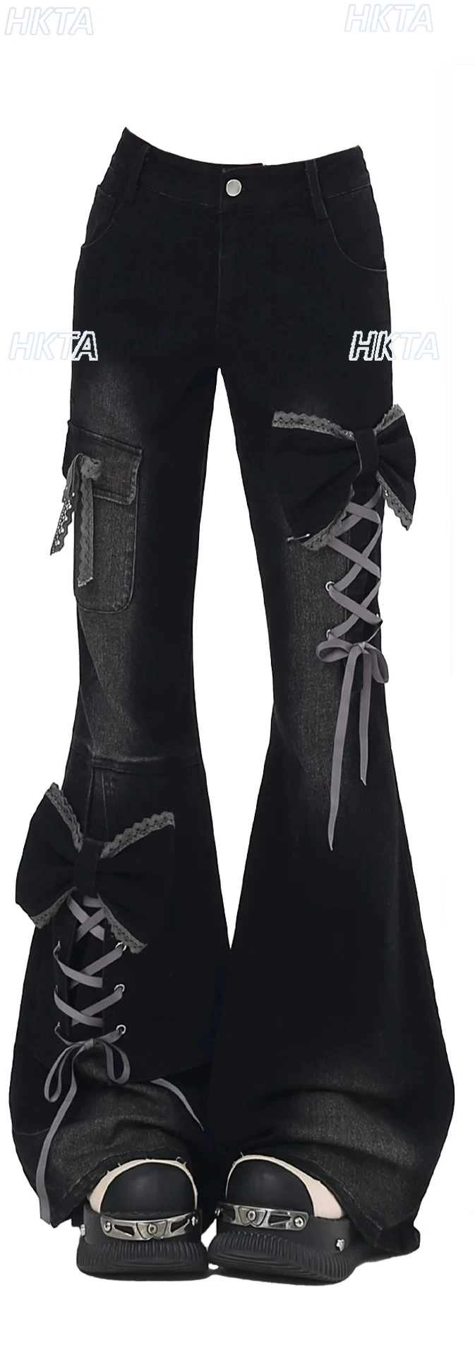 Dark Subculture Y2k Daily Sweet Cool Low Waist Bow Strap Micro Pull Jeans Spring Summer New Hot Girl Slim Black Horn Pants Women