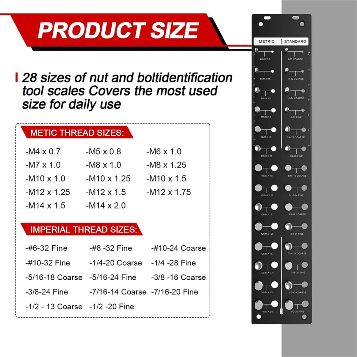 28 Nut and Bolt ThreadChecker with 14 Metric and 14 Standard Sizes, Bolt Size and Thread Gauge with Food Pads,Black