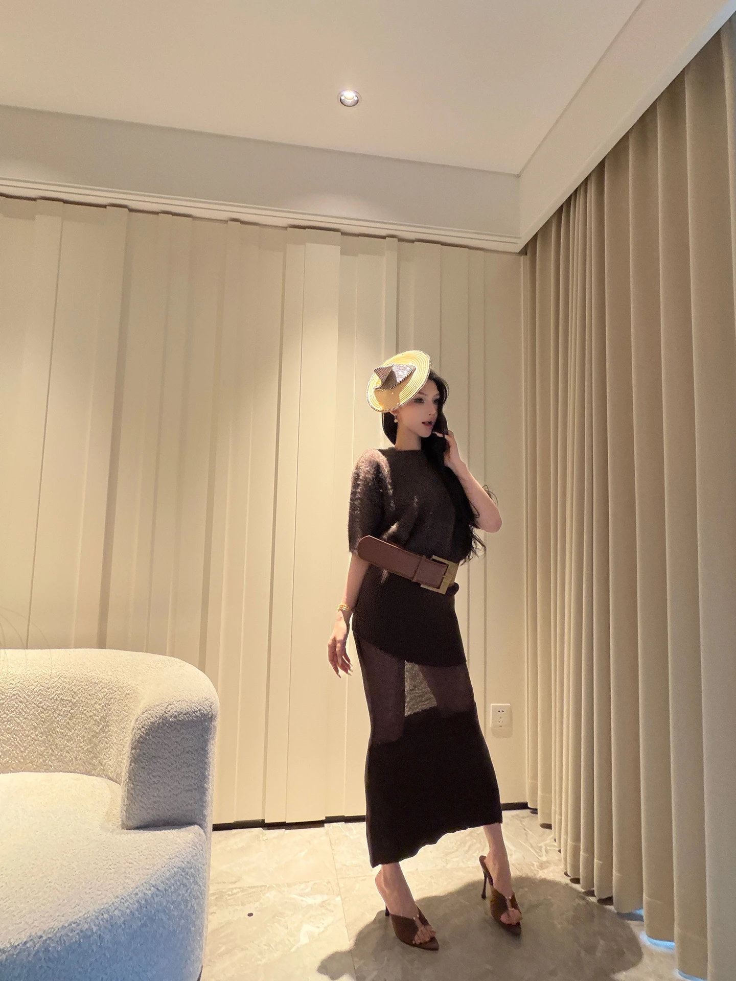 

ChiclyNana Pure Desire Lady Me Fi Tail Long Knitted Skirt Set Women's Super Body ape ow Two-Piece Set High Waist Slim...