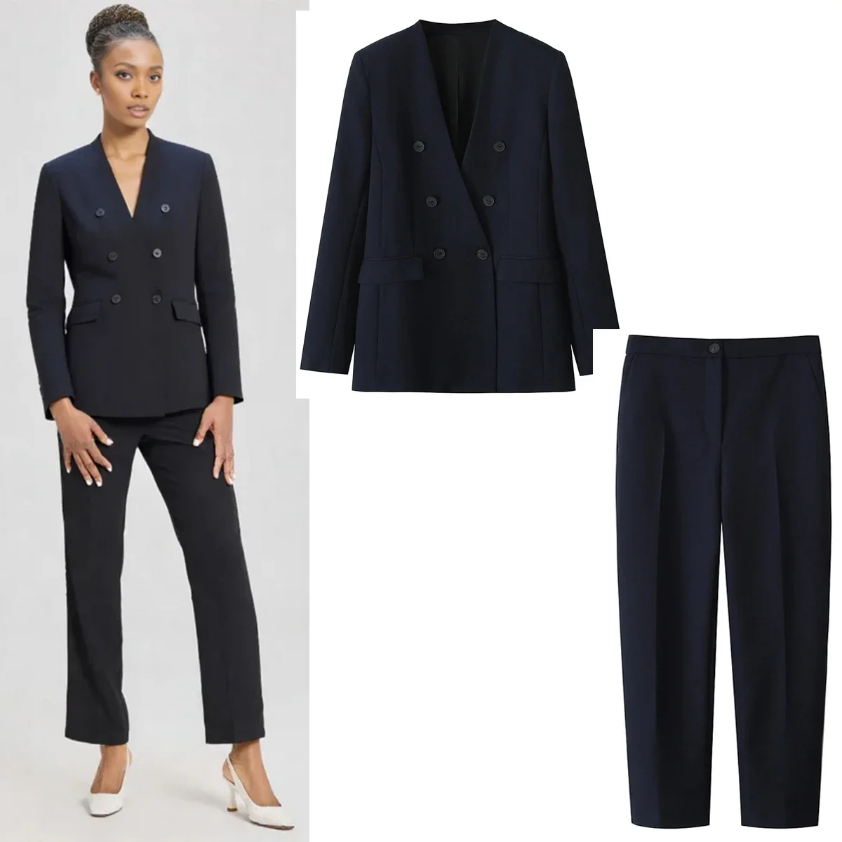 Autumn Elegant Office Lady Two PiecePant Set V-Neck Double Breasted Suit Jacket OR Straight Leg Pants Spring Fall Blazer Set