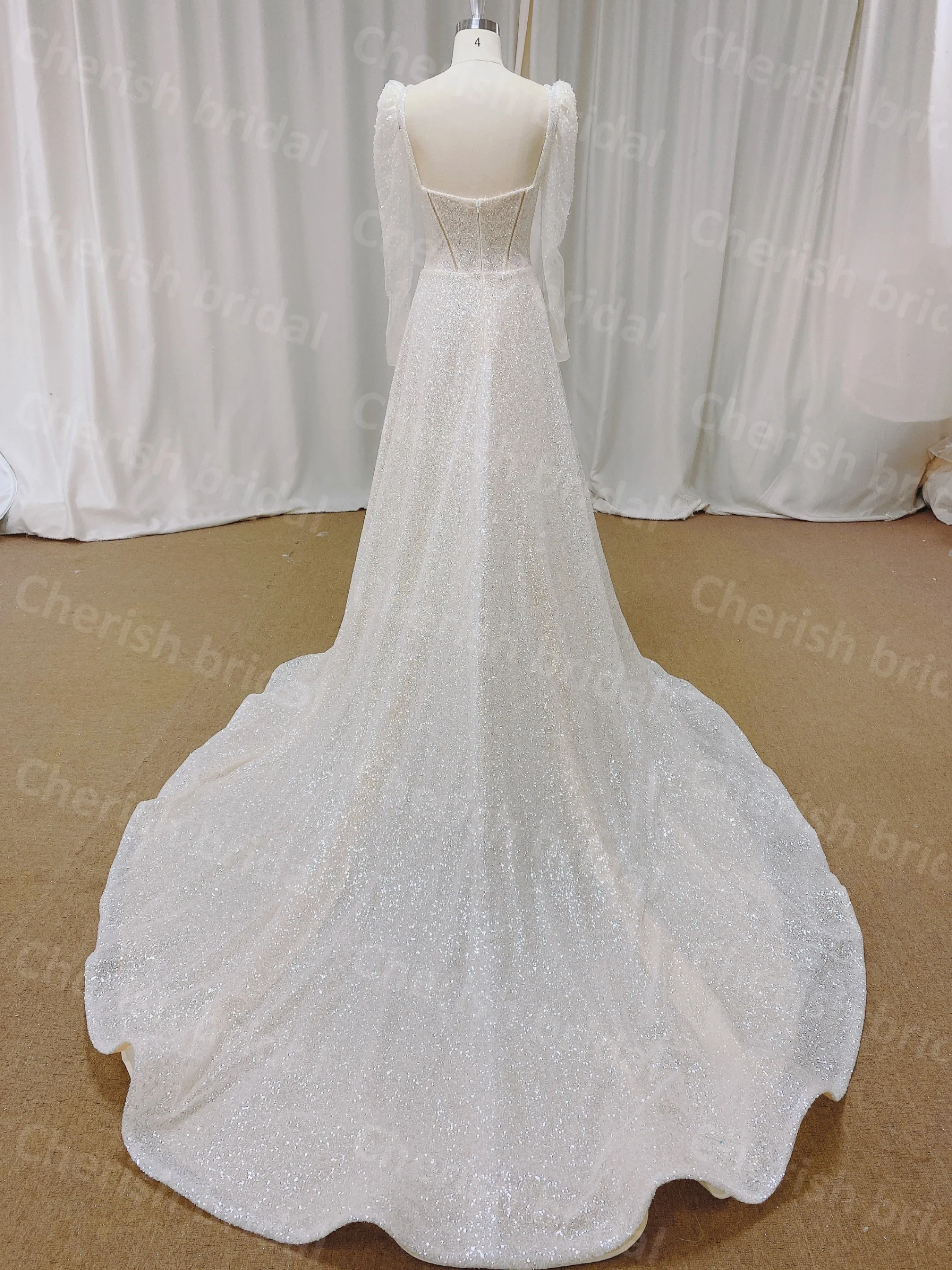 C5022A Elegant Ful Long Sleeve A-line Wedding Dress for Bride, Zipper Back Sequin Glitter Bride Dress