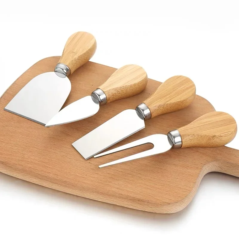 4pcs/set Wood Handle Knife Sets Bamboo Cheese Cutter Slicer Stainless Steel Cheedse   Board Kitchen  Tools