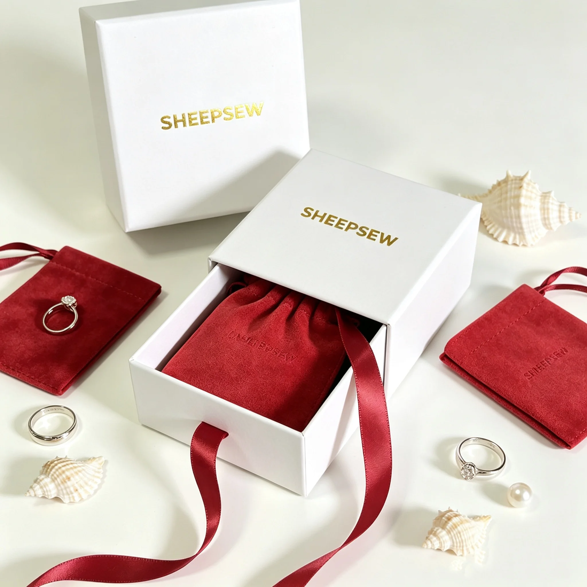 SheepSew Custom Embossed Logo Luxury Drawer Jewelry Box Complete Gift Set With Soft Jewelry Pouch Personalized Packaging For Dai
