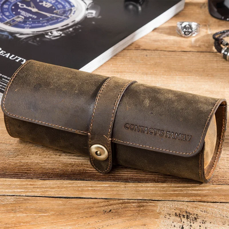 Vintage Leather Watch Roll Travel Case Cylindrical Portable Storage Organizer Holder Pouch for Men Outdoor Business 시계 파우치