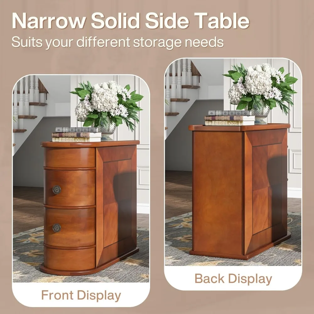 

Wood End Table, 2-Drawer Narrow Side Table Slim Chair Solid Side Table, No Assembly Required, Finished Back