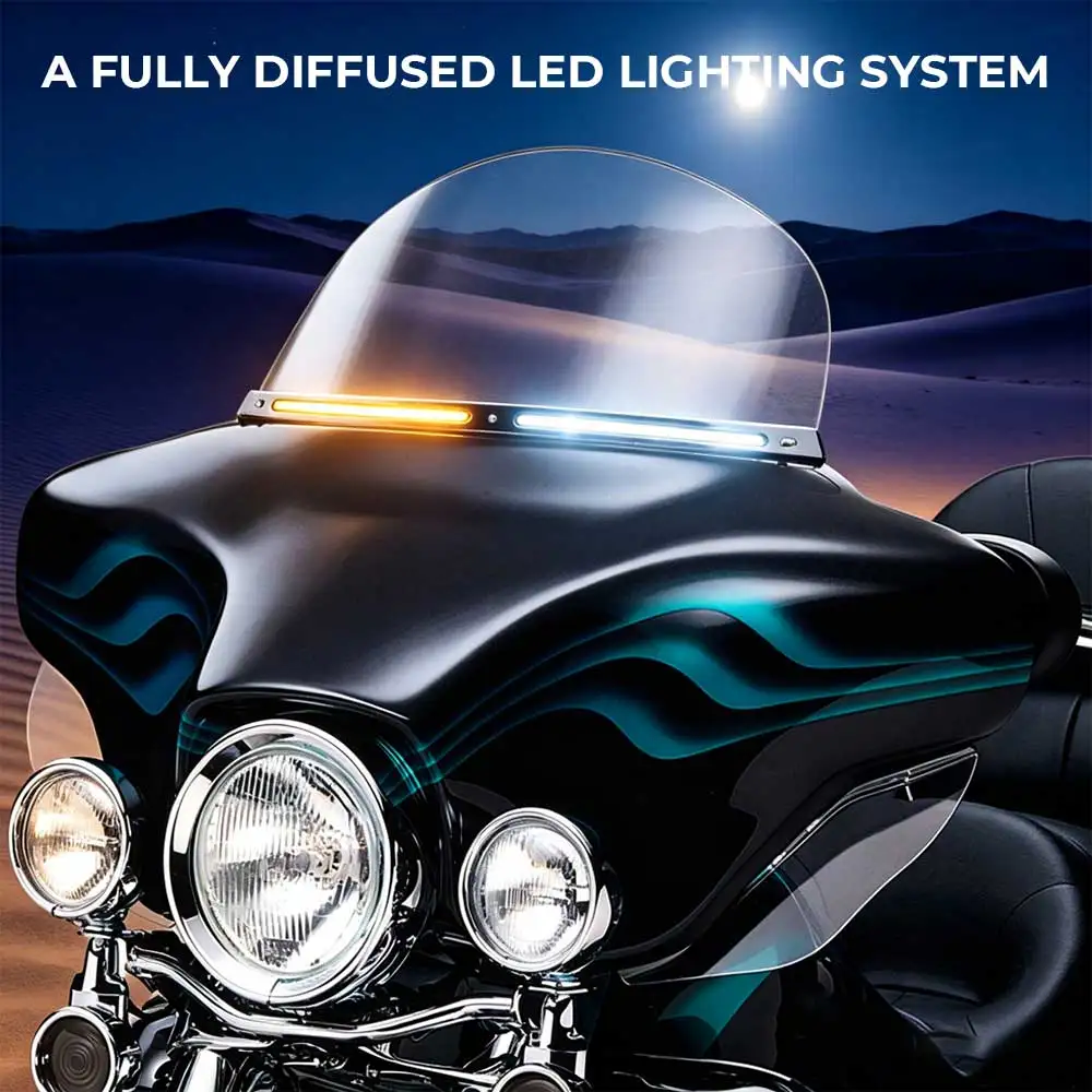 Motorcycle Front Windshield Trim With Led Drl/Running Light For Harley Touring Electra Glide Street Glide Trike 1996-2013 Chrome