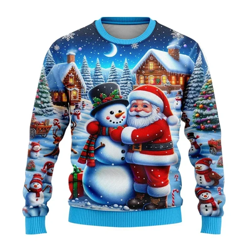 Men Women Xmas Sweatshirt 3D Christmas Snowman Santa Printed Ugly Christmas Sweater Unisex Pullover Holiday Party Jumper Tops