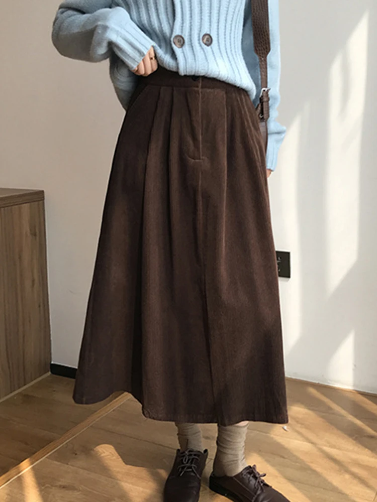 

Vintage Corduroy Skirts Women Korean Fashion Solid Color Maxi Skirt Female Autumn Winter Casual Loose High Waist A Line Skirts