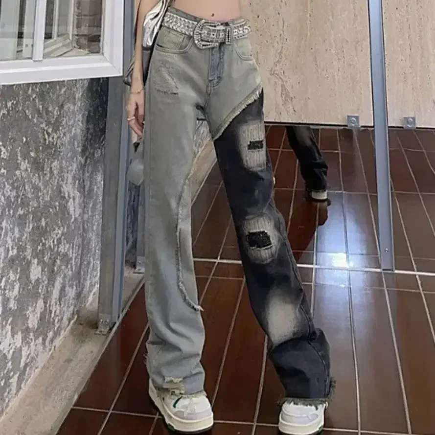 Jeans strappati da donna Pantaloni in denim a vita alta per donna con fori Pantaloni Splicing Unico all'ingrosso chic ed elegante Vintage Z