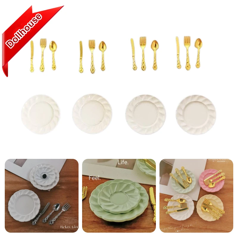 1 ensemble 1:12 maison de poupée Miniature plat à gâteau et couteau fourchette cuillère combinaison modèle maison de poupée accessoires jouets bricolage décoration