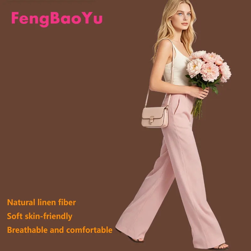Feng Baoyu Natural 100% Linen Women's Pants High-waisted Straight Leg Pants Simple Elegant, Casual Comfortable for Spring Summer