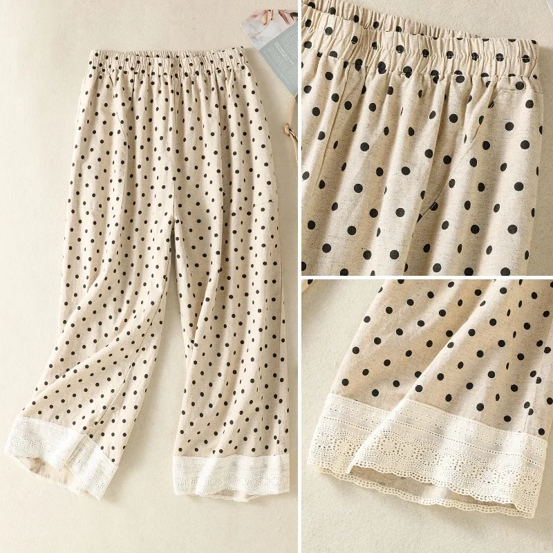 ฤดูร้อนใหม่วินเทจผ้าฝ้ายลินินกางเกงขากว้างผู้หญิงเกาหลีแฟชั่นลายจุดเอวยางยืดตรงข้อเท้ายาวกางเกง