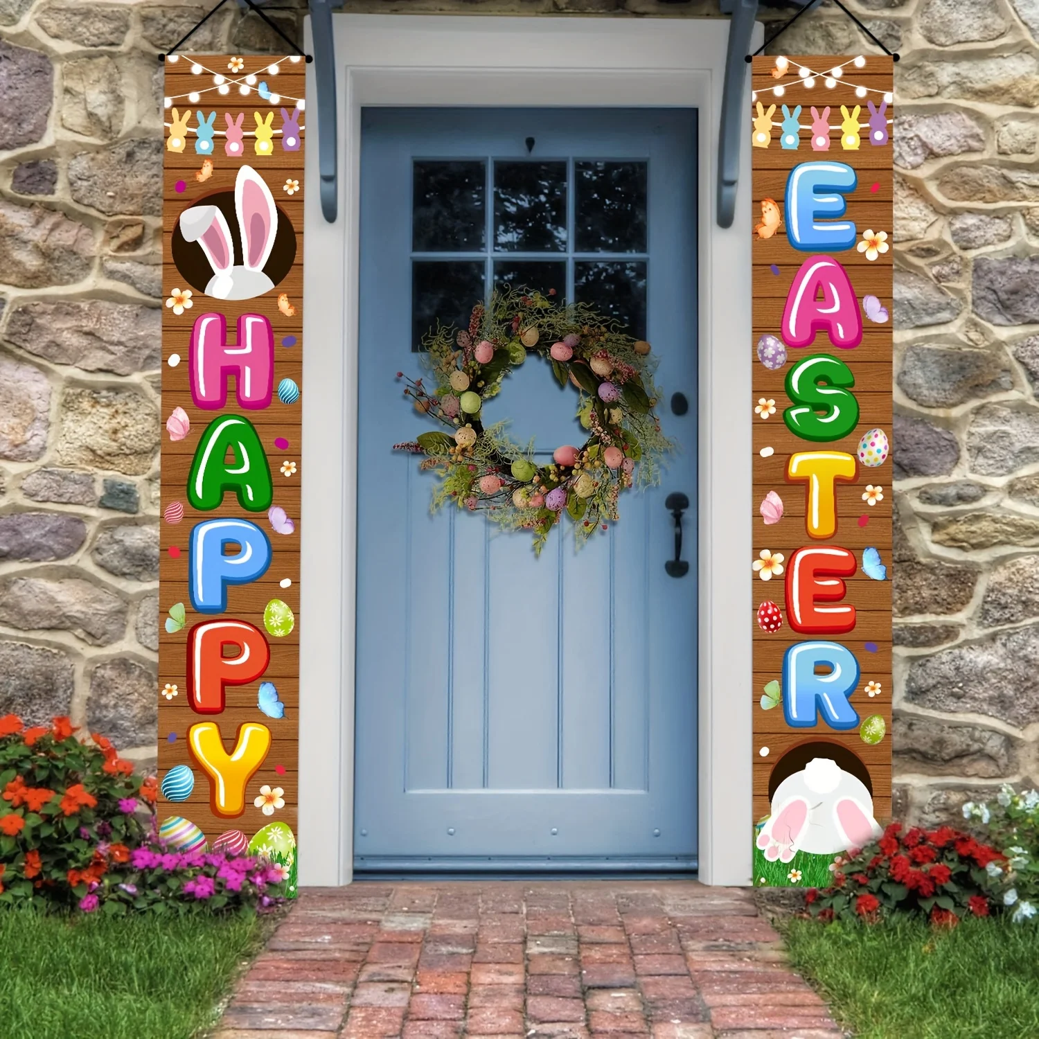 2pcs Happy Easter Bunny Door Banners Polyester Easter Egg Decorative Flags for Outdoor Indoor Spring Summer Holiday Decoration