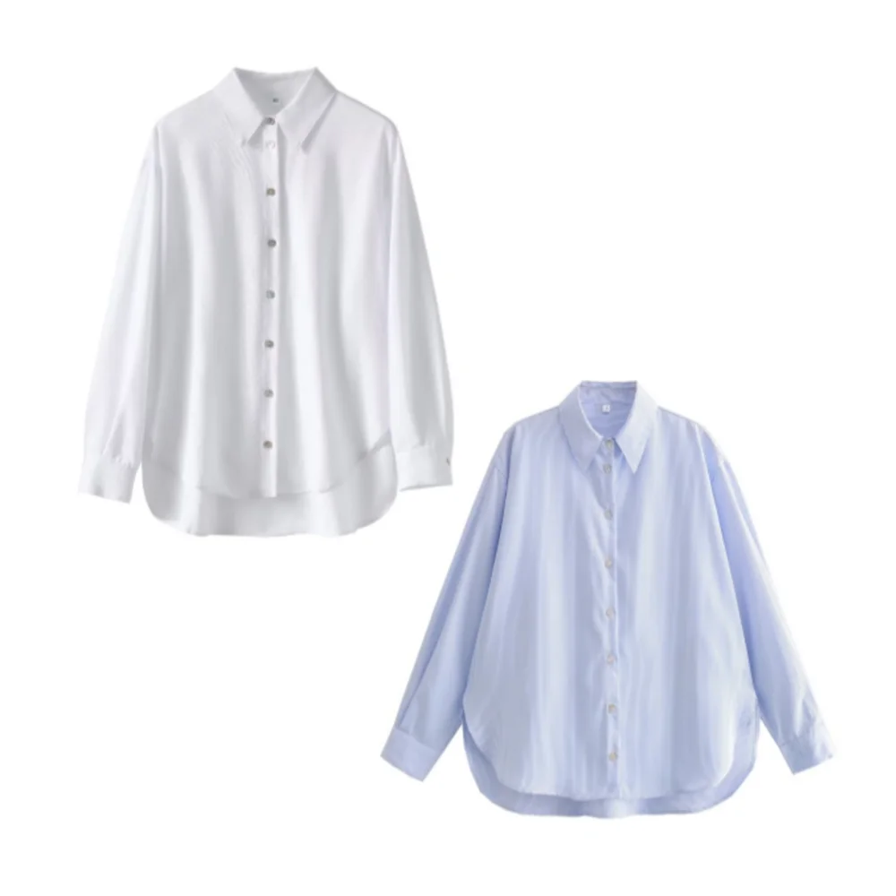 PB&ZA 2024 Spring New Women's Fashion temperament casual versatile linen loose and simple lapel shirt top