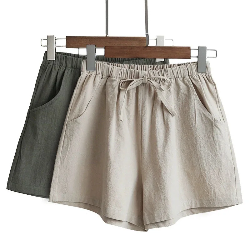Women Cotton Linen Shorts 2026 New Summer High Waist Casual Sports Shorts Female Solid Color Pocket Loose Beach Hot Short Pants