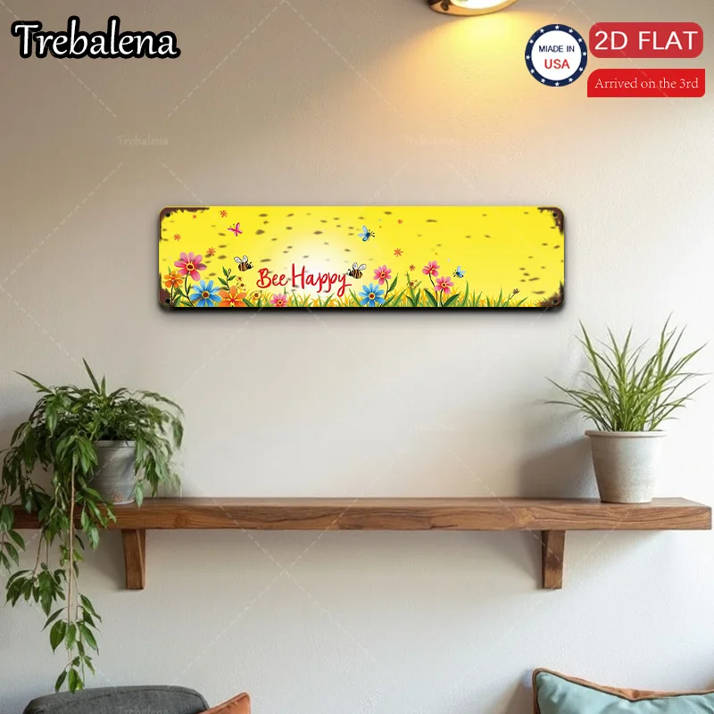 1 قطعة علامة معدنية، 4 × 16 بوصة "علامة معدنية مسطحة 2D Bee Happy Floral لديكور جدران المنزل" #1