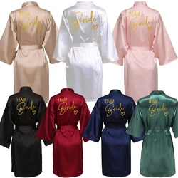 Wedding Party Team Bride Robe Kimono Satin Pajamas Bridesmaid Bathrobe Gold Letter SP089