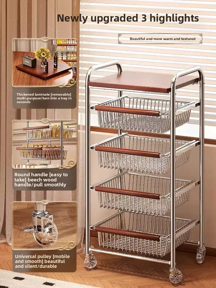 Mid-Century Rolling Snack Cart Multi-Tier Narrow Trolley Fruit