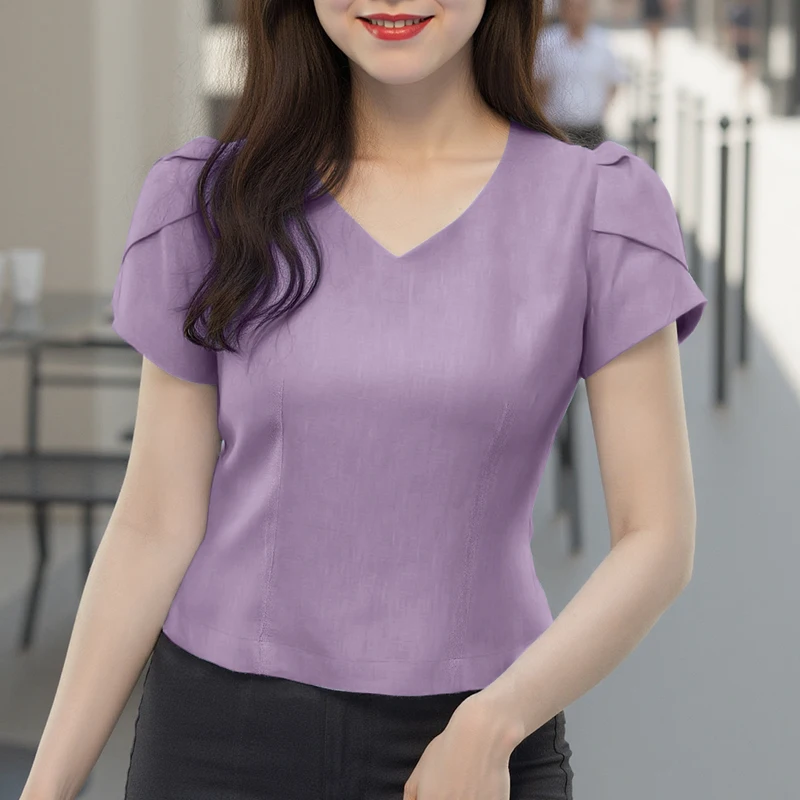 ZANZEA بلوزة صيفية قصيرة الأكمام منتفخة بلوزات نسائية موضة الربيع قمصان بلون واحد مثيرة على شكل حرف v بلوزات غير رسمية ملابس الشارع