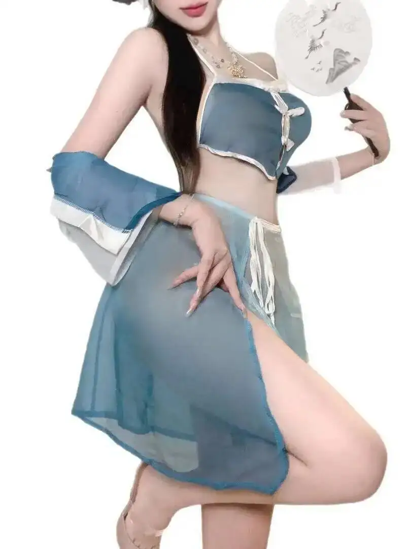 Sexy Ancient Style Improve Hanfu Tempting Chinese Skirt Sets Transparent Deep V Half Sleevess Skirt Sets Charming Elegant EVLX