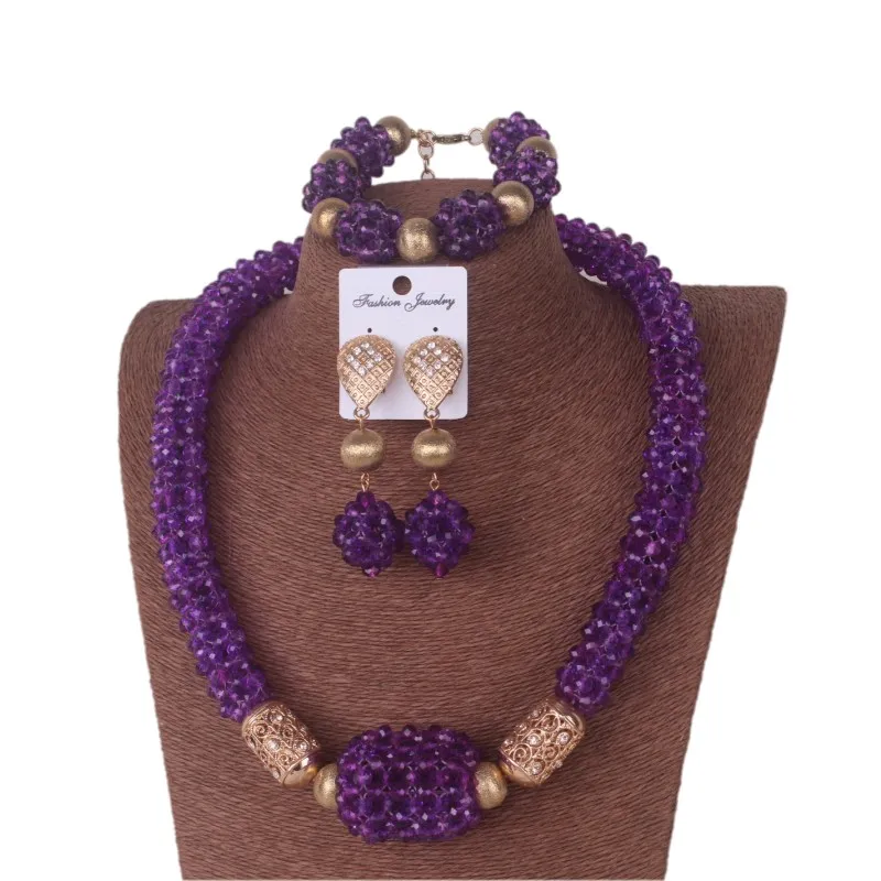 

3 Pieces Purple Crystal African Beads Jewelry Set Balls Nigerian Bridal Necklace Set For Women
