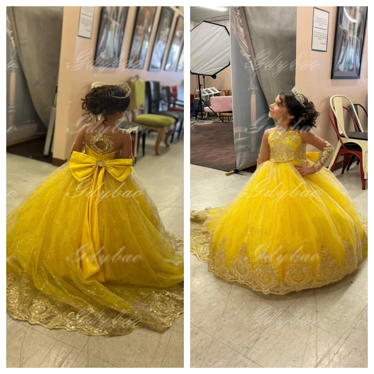 فستان بناتي أنيق أصفر فاتح بأكمام طويلة من الدانتيل من التول فستان سهرة مخصص لحفلات الأطفال