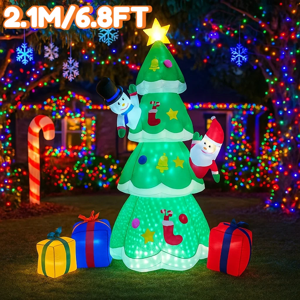 Árbol de Navidad inflable de 2,1 M/6,8 pies, Papá Noel, muñeco de nieve, Cajas de Regalo, luces LED, decoración del hogar, juguetes, patio, decoración de iluminación navideña