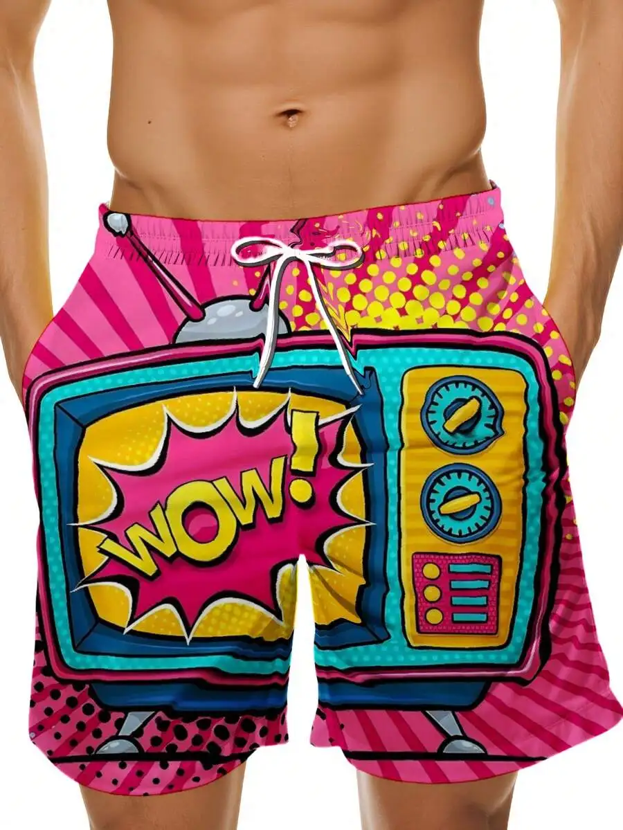 

Mens Comic Style Robot Print Swim Trunks With Wow Design Beach Shorts