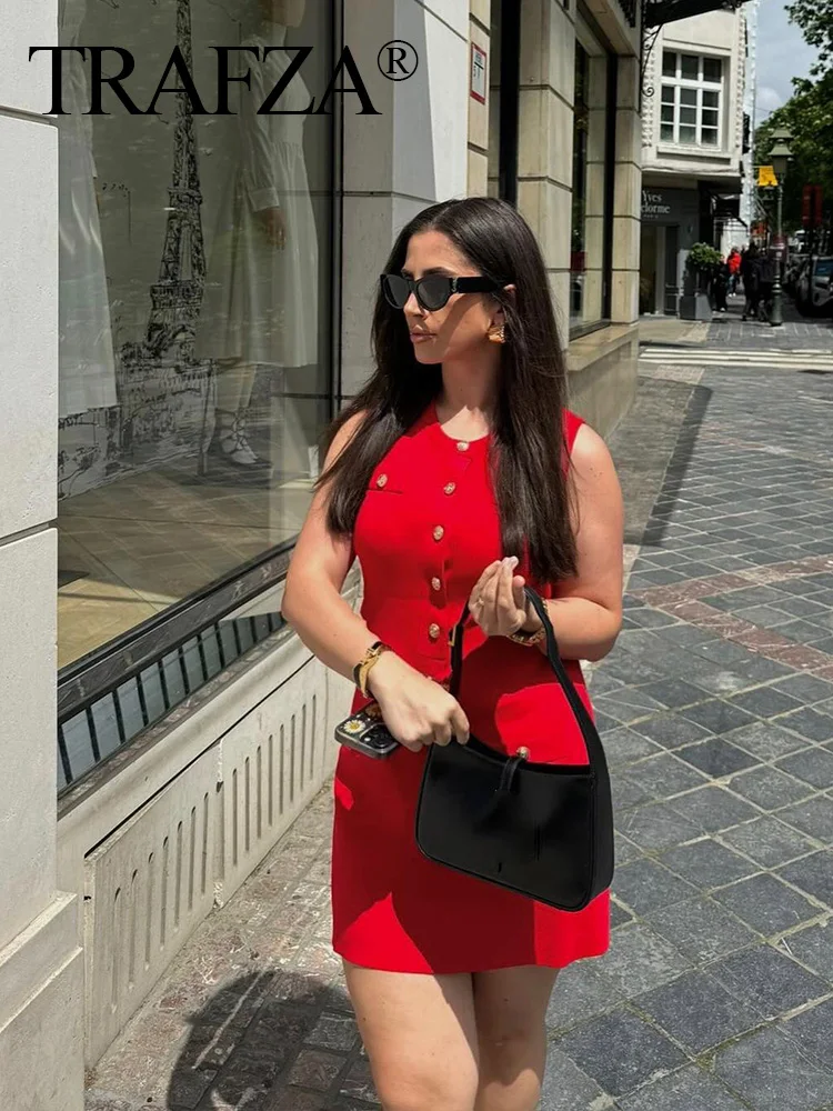 TRAFZA 2024 Female Casual Dress Knitted O-Neck Sleeveless Slim Single Breasted Short Dresses Chic Elegant Woman Mini Dress