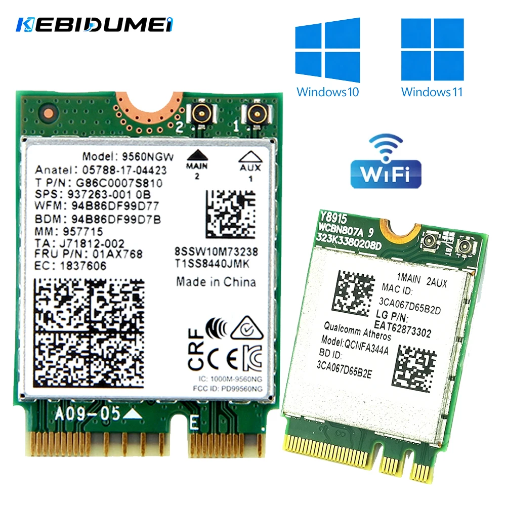 KEBIDUMEI Dual Band Wireless Network Card 9560NGW AC Cnvio 1733M BT 5.0 QCNFA344A Wifi Card 1200M+Bluetooth 4.1 802.11AC  For PC