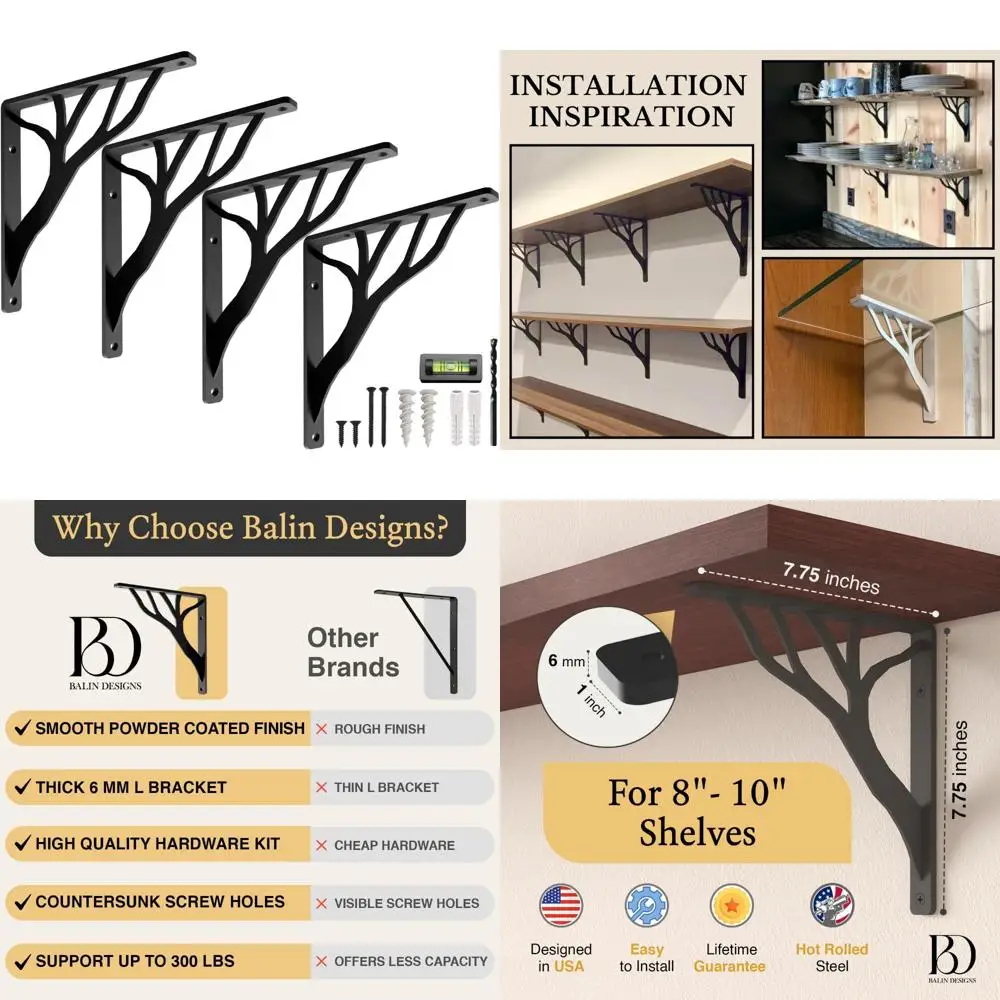 دعامات على شكل حرف L معدنية سوداء على شكل شجرة ريفية مقاس 8 بوصات شديدة التحمل للأرفف العائمة من الحديد، ودعم ديكور لديكور المنزل