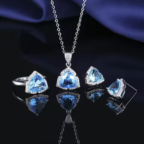 925 Sterling Silver Jewelry Set Shiny Blue Gemstone Zircon Women Necklace Earrings Ring Birthday Party Jewelry Set Gift