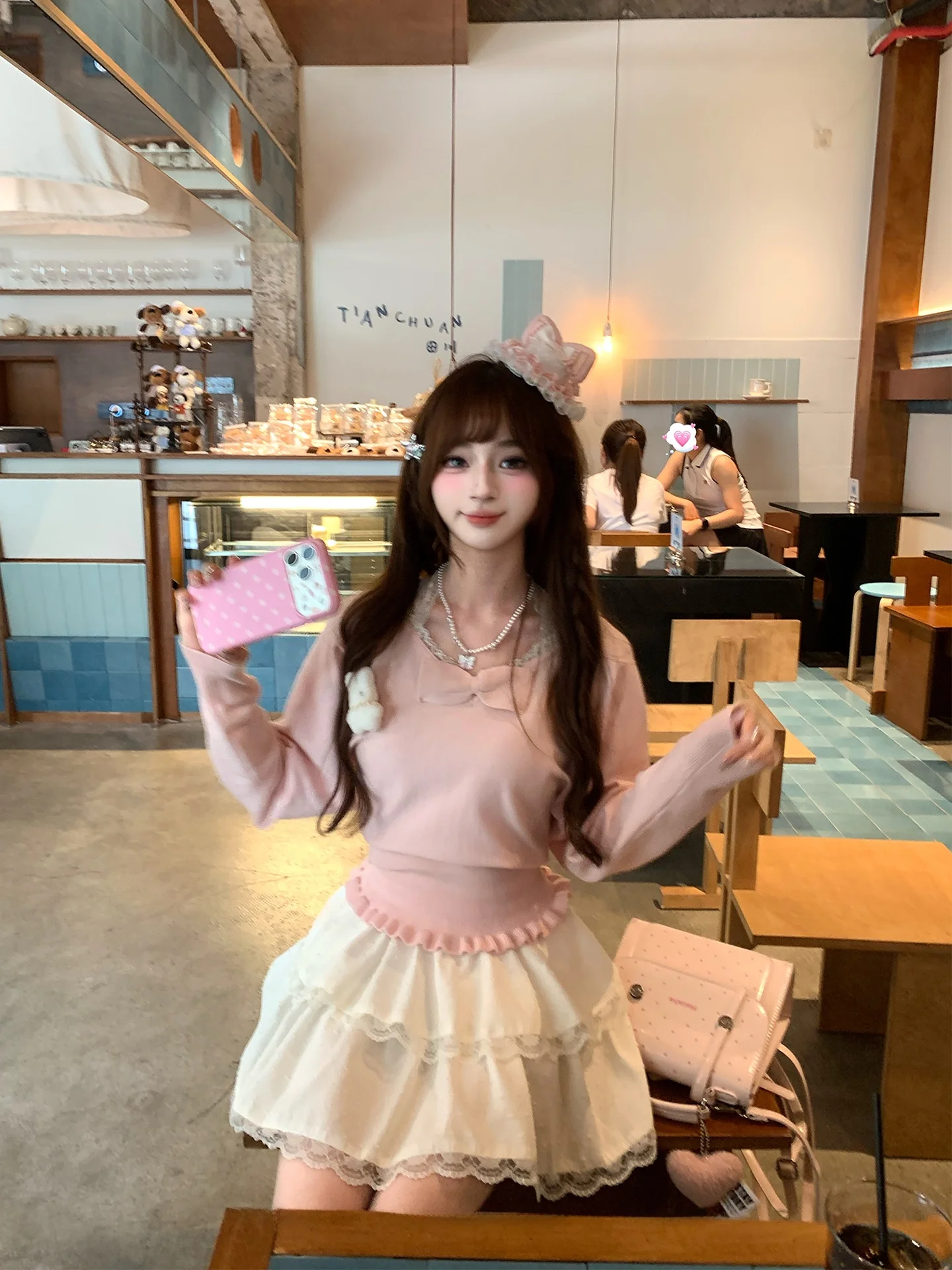 Sweet Style Knitted Rabbit Furry Women's Top Neck Hanging Waist Cinching Date Outfit Soft Fabric Long Sleeve  Color