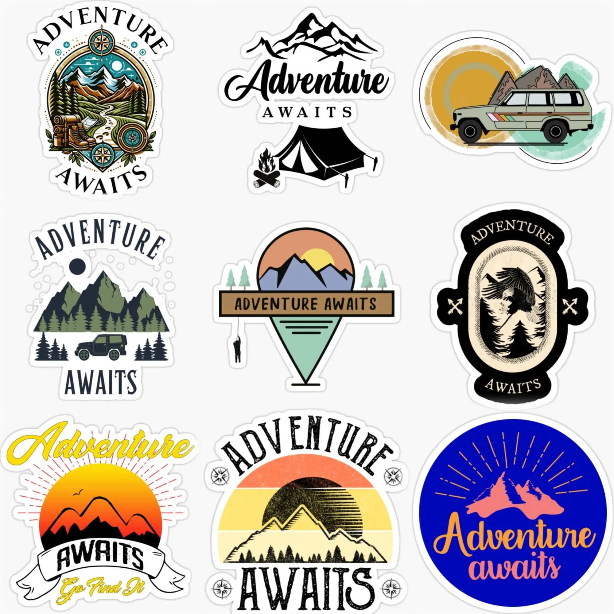 

Adventure Awaits Travel Camping PVC Personalized Stickers for Car Van Bicycle Motorcycle Off-road Helmet Decal Accessories