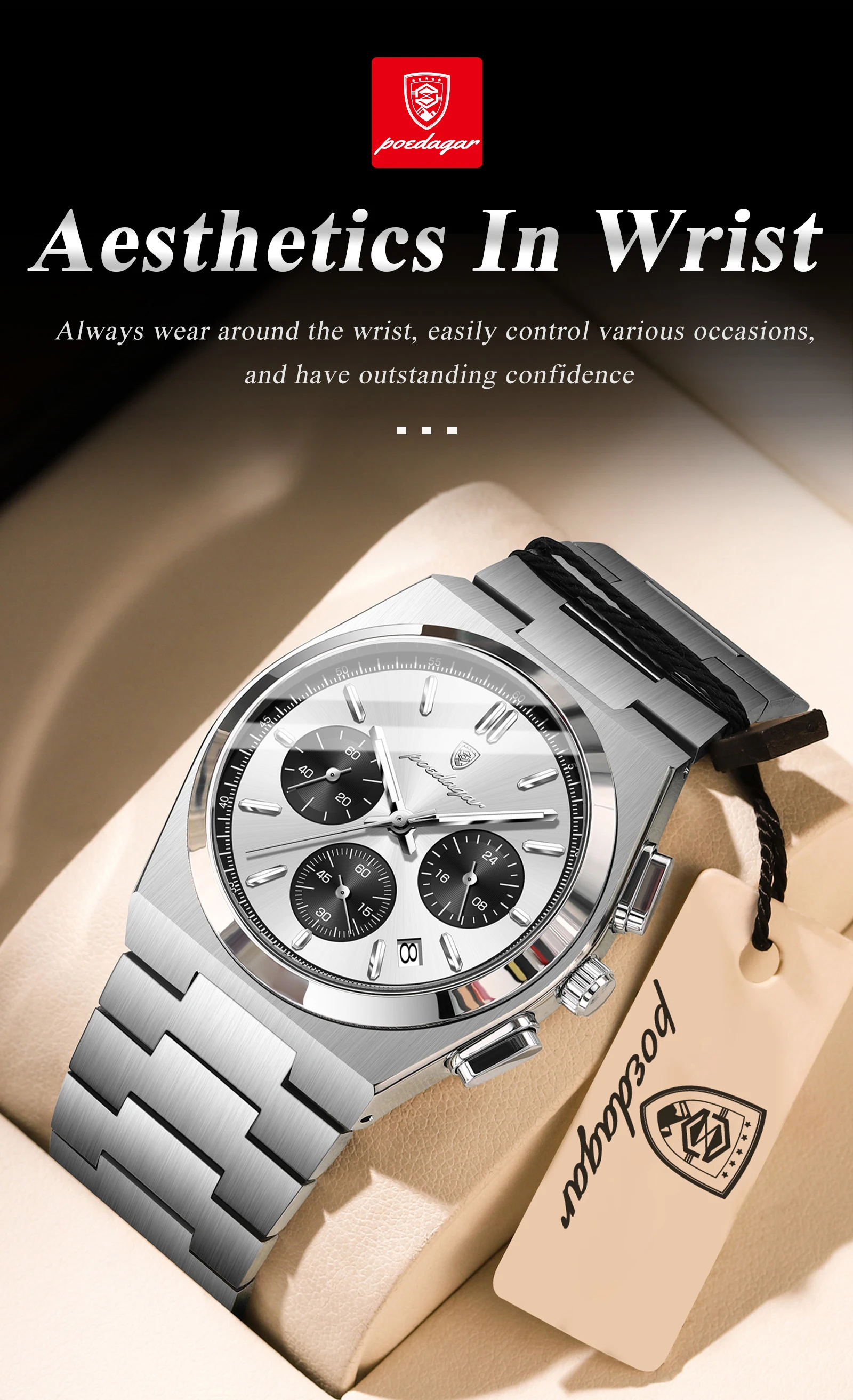 POEDAGAR Top Business Herrenuhr Chronograph Datum Edelstahl Klassische Männeruhr Wasserdicht Leuchtend Quarzuhren für Herren – Detail 4