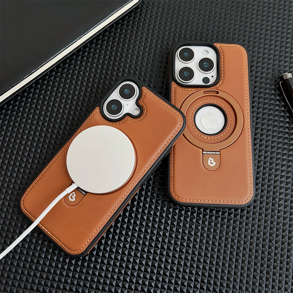 حافظة جلدية فاخرة بحامل مغناطيسي معدني لهاتف آيفون 17 16 15 14 13 12 Pro Max Plus 17Air غطاء شعار مجوف للأعمال