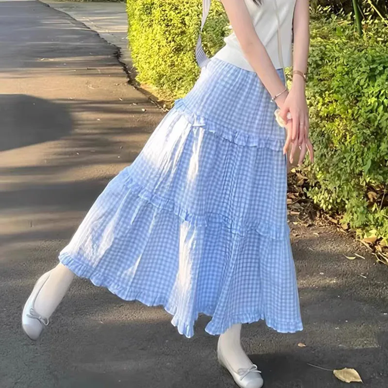 Spring Women Skirts Summer Casual Plaid Midi Skirts for Women Autumn High Waist A-line Cake Skirts Female College Girls Clothing