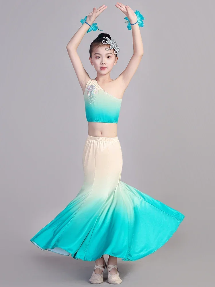 Strój taneczny mniejszości etnicznych, strój pawia na występy sceniczne, spódnica rybi ogon, strój ludowy do tańca Dai, sukienka do tańca Dai dla dzieci