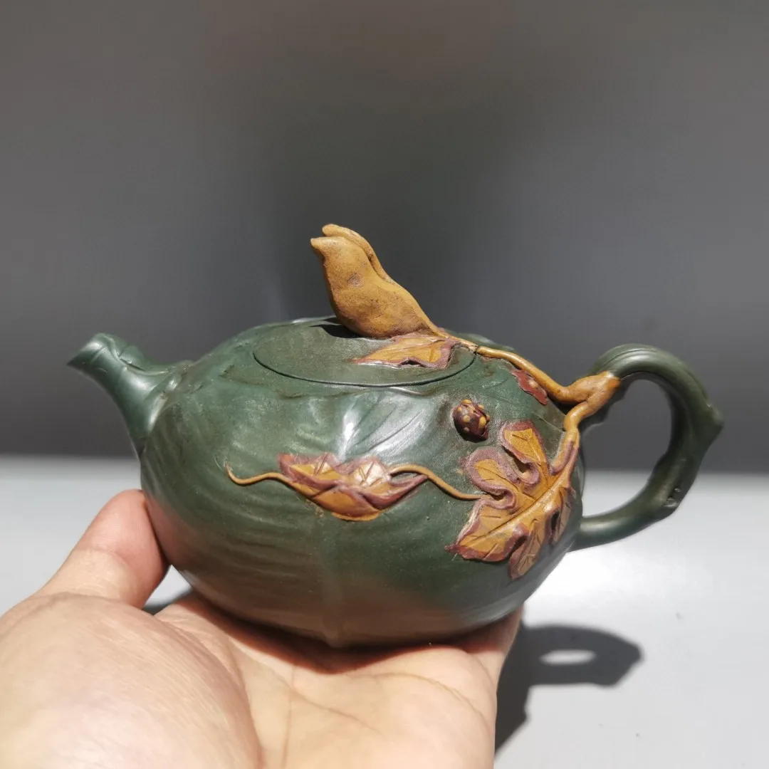 Purple teapot Yixing Purple Clay Green mud  Guateng pattern  Melon shaped pot   Many children, many blessings Kettle Teapot