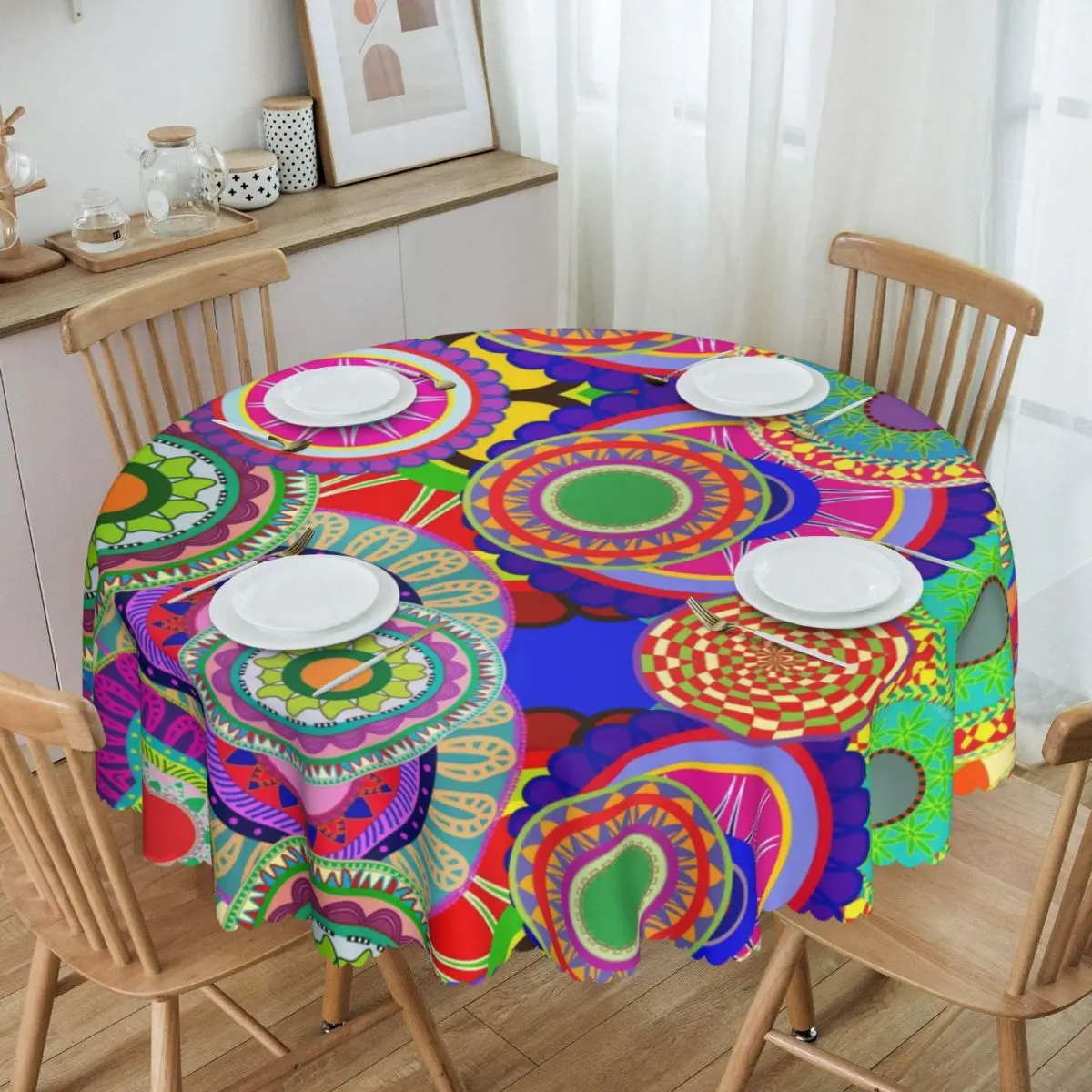 

Round Mandala Flower Deanfun Colorful Tablecloth Waterproof Oil-Proof Table Cover 60 inches Table Cloth