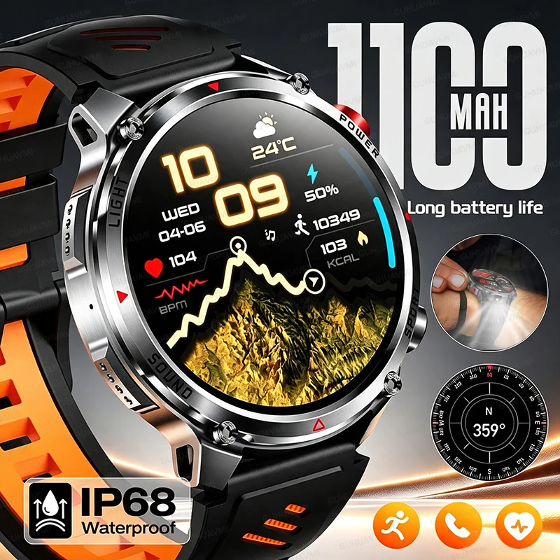 2026 NEW Military Smartwatch Man 1100 mAh battery Outdoor Compass LED flashlight IP68 Waterproof Bluetooth Call Tactics Bracelet