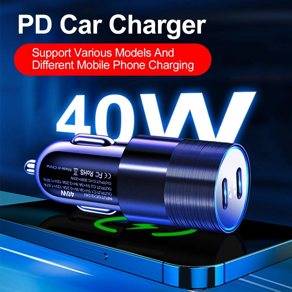 PD Car Charger Adapter 40W Fast Charging Type C USB PD Quick Charger in Car Mobile Phone for iPhone16 Pro Max Xiaomi 15 Huawei