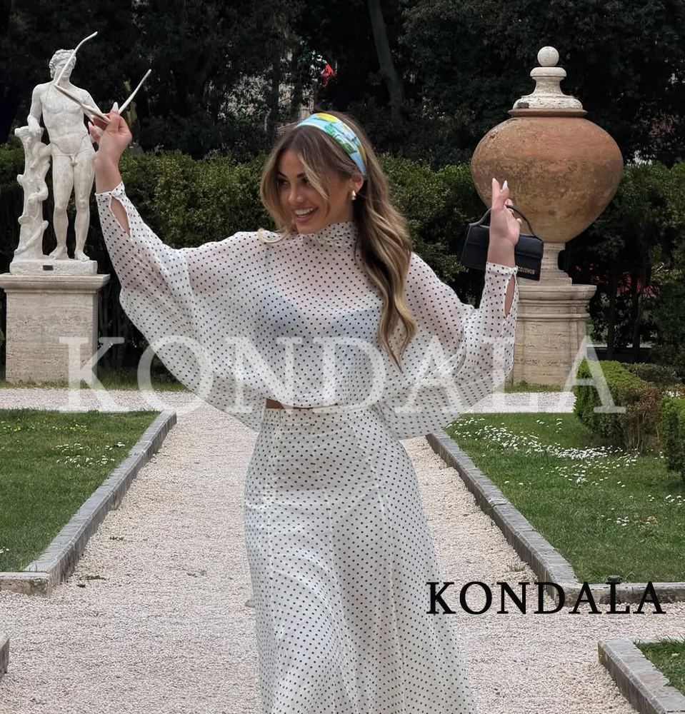 KONDALA Women Leisure Polka Dot Chiffon Skirt Set Elegant Holidays Party Ladies Set Translucent Bow Shirt,Midi Skirt 2026 Summer