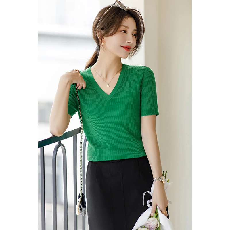 

Women's thin spring/summer V-neck bottom sweater Sweater jacket suit with trim 2022 middle sleeve