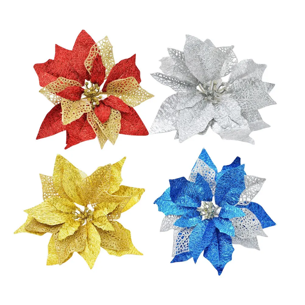 

4pcs 25Cm Christmas Simulation Cloth Flower Decor For Home Party Festival Ornaments Silver Gold Blue Fake Flower Props