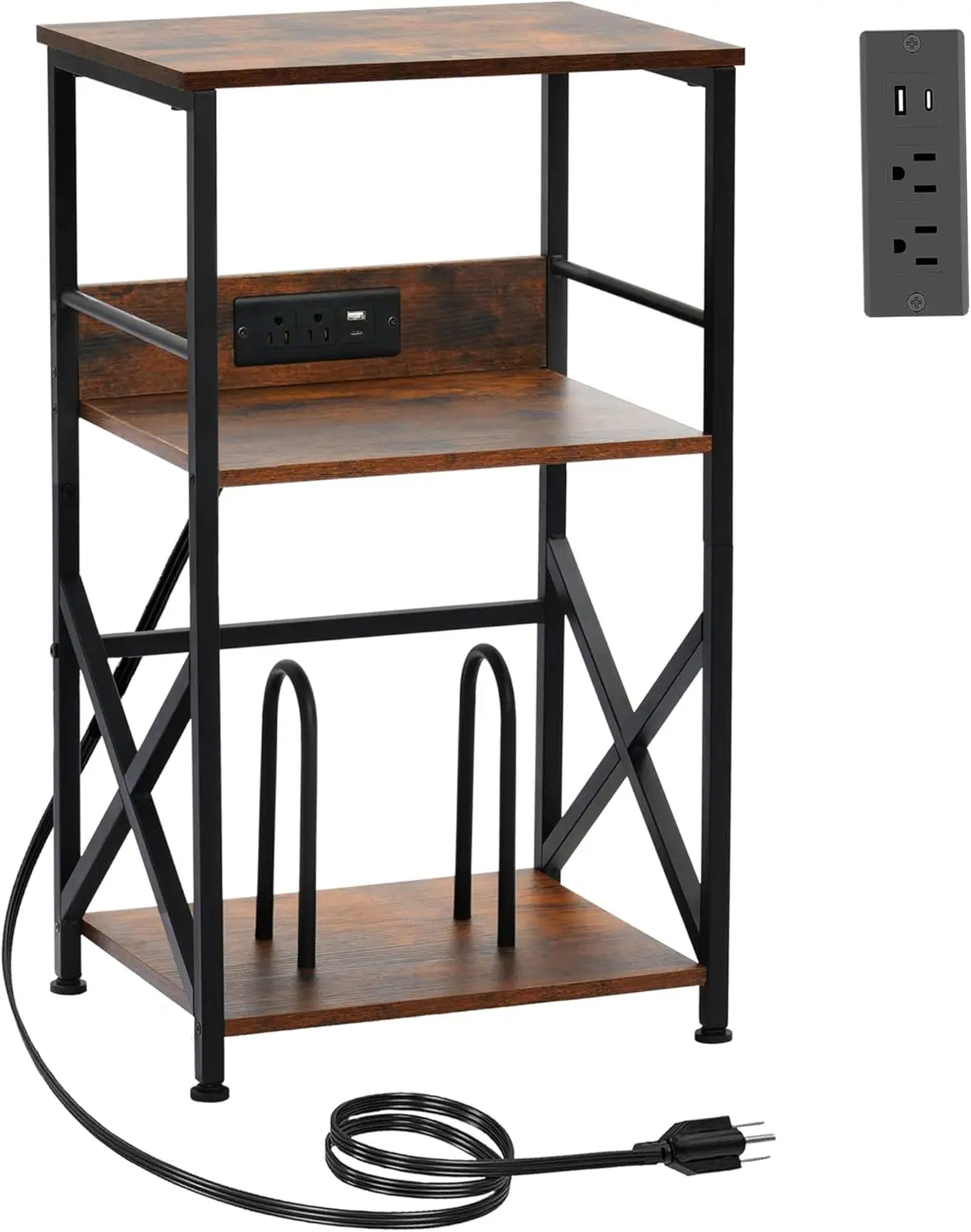 

3-Tier Vinyl Record Player Stand with Charging Station, Rustic Brown Side Table for Living Room and Bedroom Storage